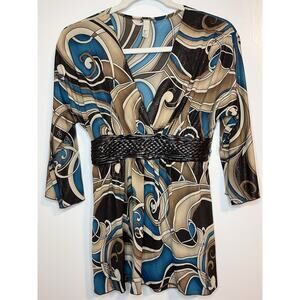 Vintage Y2K Glam Kiwi Top Size M Brown Teal 3/4 Sleeve Braided Belt Stretch